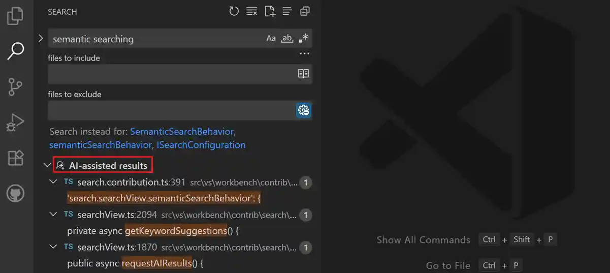 Search view showing semantic search results that are not an exact match for the search criteria.