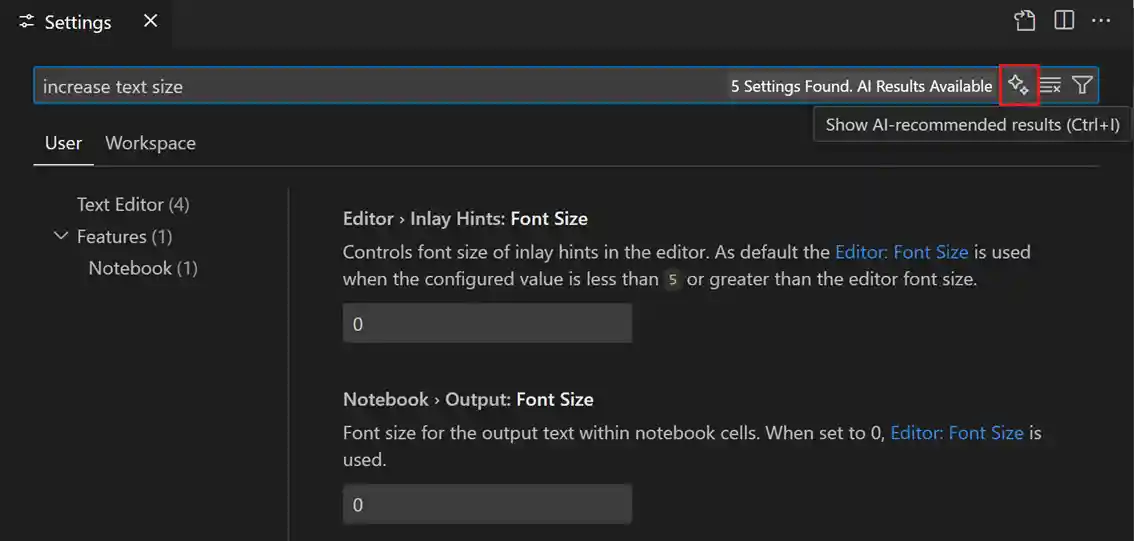 Screenshot that shows the Settings editor showing AI-generated suggestions for settings.