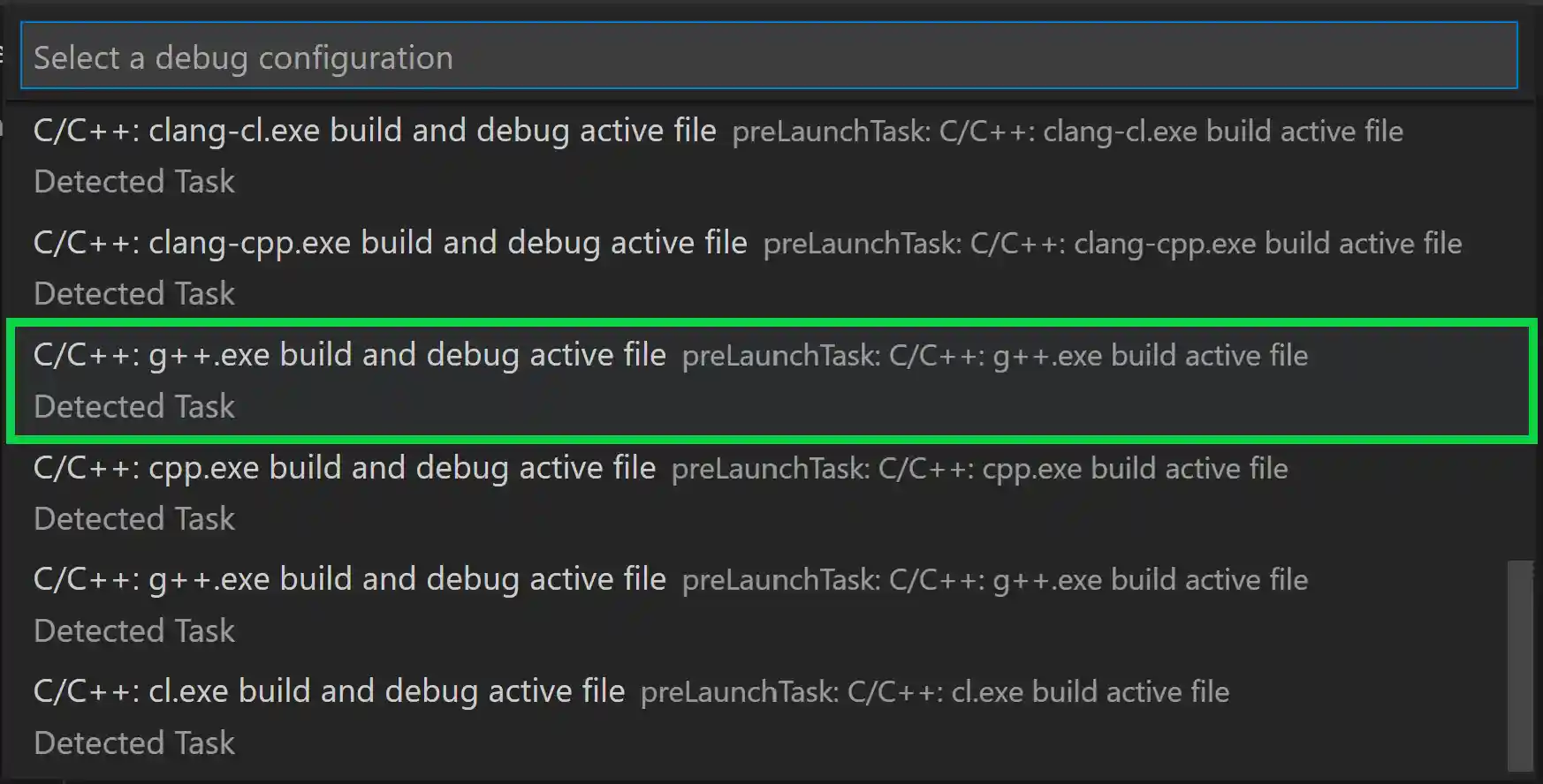 C++ debug configuration dropdown