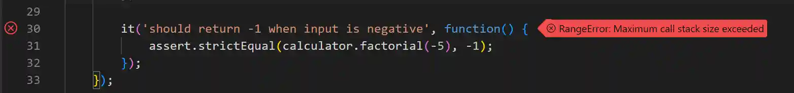 Screenshot that shows a test error message overlay in the editor.