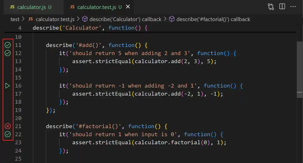 Run and debug tests in editor gutter