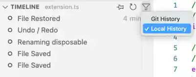 Timeline filter drop down with Git History unchecked and Local History checked