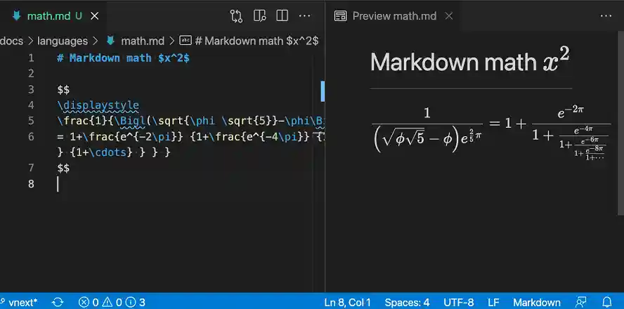 Markdown Preview rendering of math formulas with KaTeX
