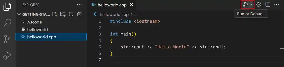 Screenshot of helloworld.cpp and play button