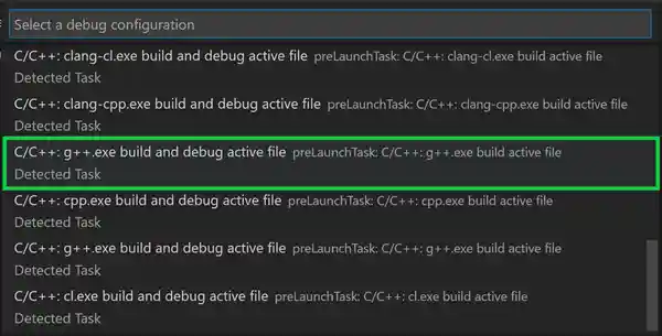 C++ debug configuration dropdown