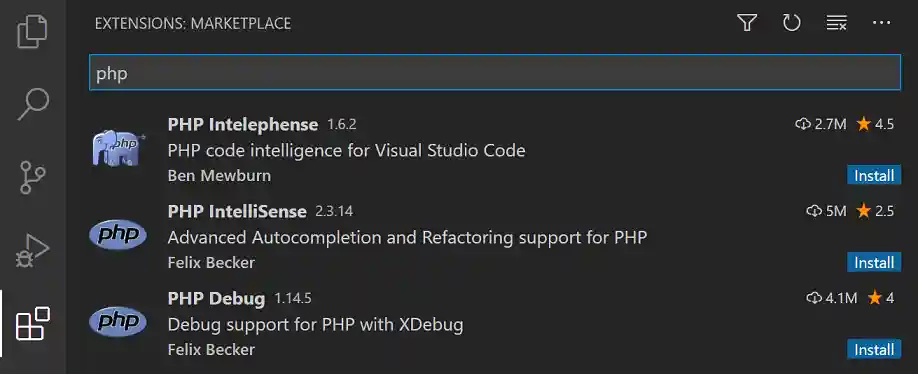 Searching for PHP in the Extensions view
