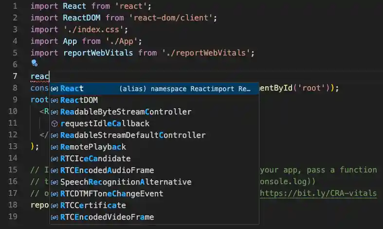 React IntelliSense suggestions