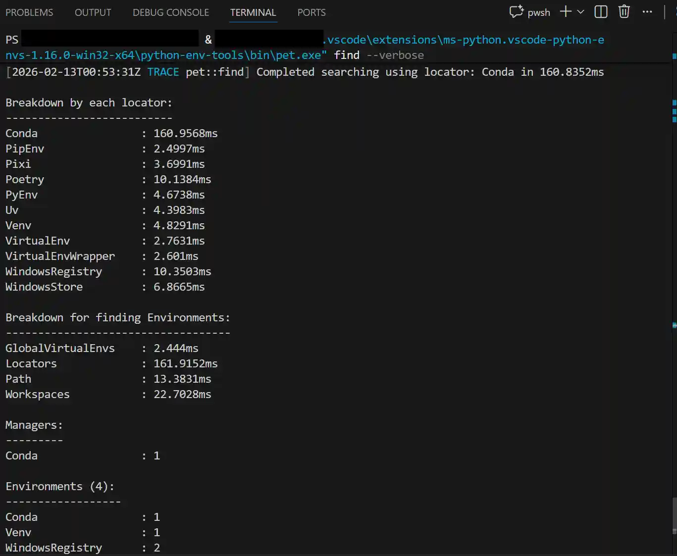 Screenshot showing the VS Code terminal with verbose output from the Python Environment Tool, displaying a breakdown of search times by locator, environment counts by type, and discovered managers.