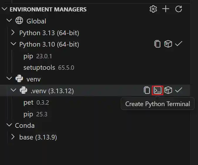 Screenshot showing the Environment Managers tree view with a venv environment selected and the Create Python Terminal tooltip visible on the terminal icon button.