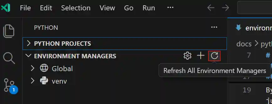 Screenshot showing the Environment Managers panel in the Python sidebar with the refresh button highlighted in the view header.