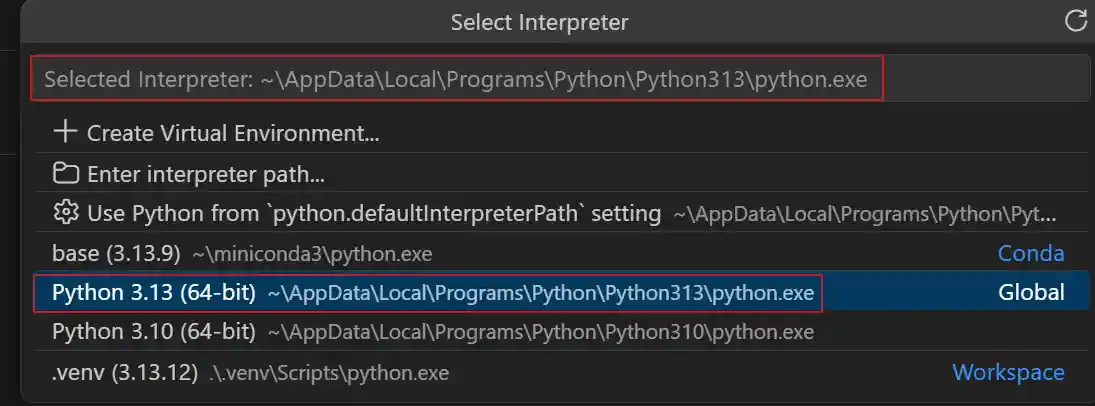 Screenshot showing the Select Interpreter quick pick with the currently selected interpreter at the top, and a list of discovered environments labeled by type such as Conda, Global, and Workspace.