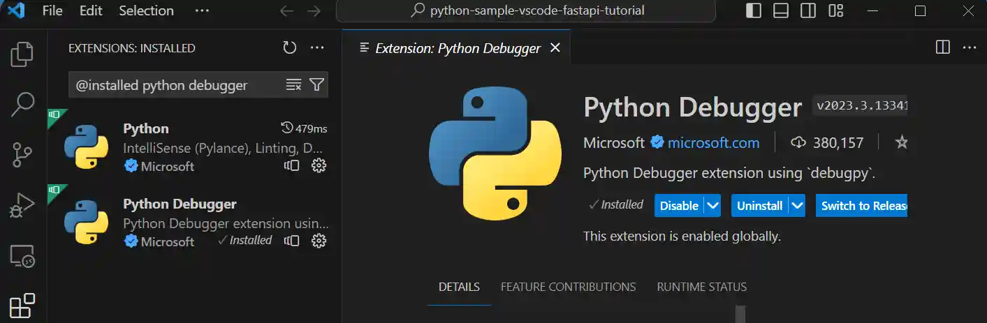 Python Debugger extension shown in installed extensions view in VS Code.