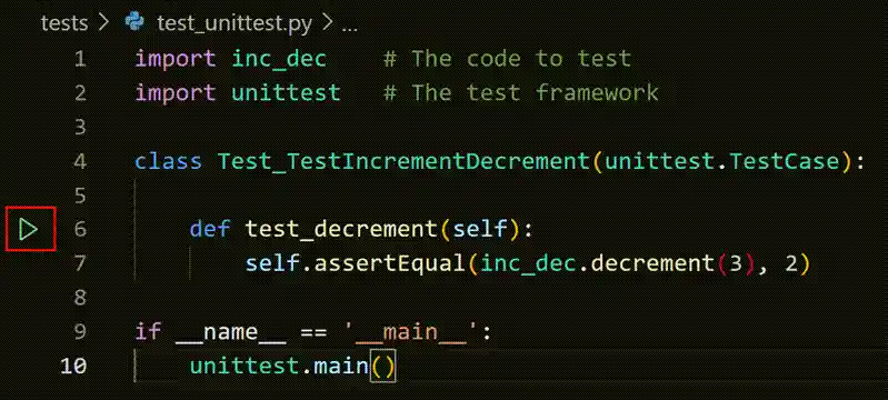 Run test icon displayed on the gutter when the test file is open in the editor