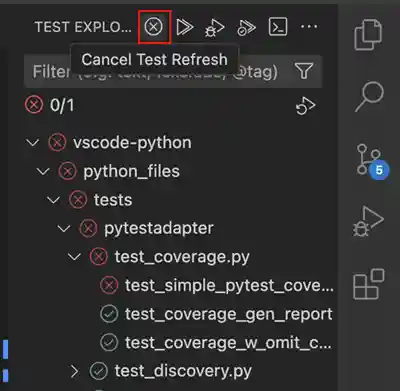 Cancel test discovery button in the Test Explorer.