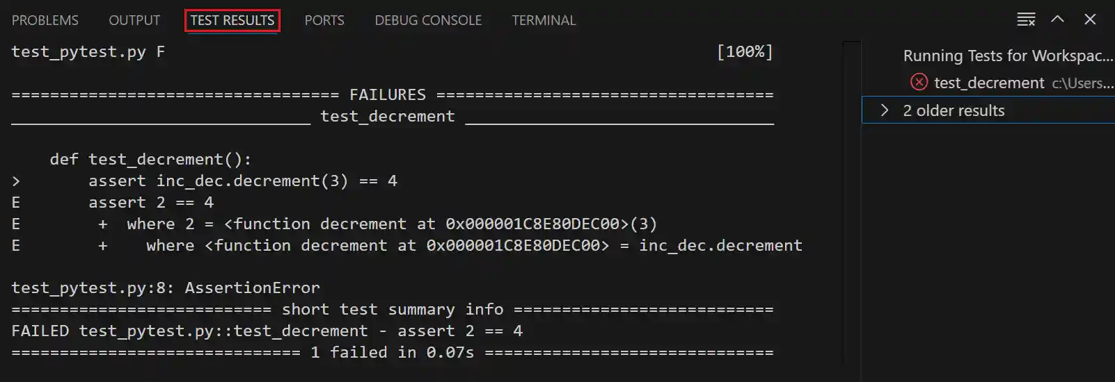 Test results in the Test Results panel