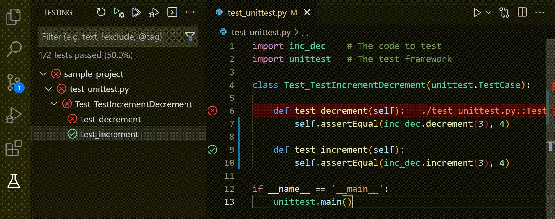 Test results on a unittest class and in Test Explorer