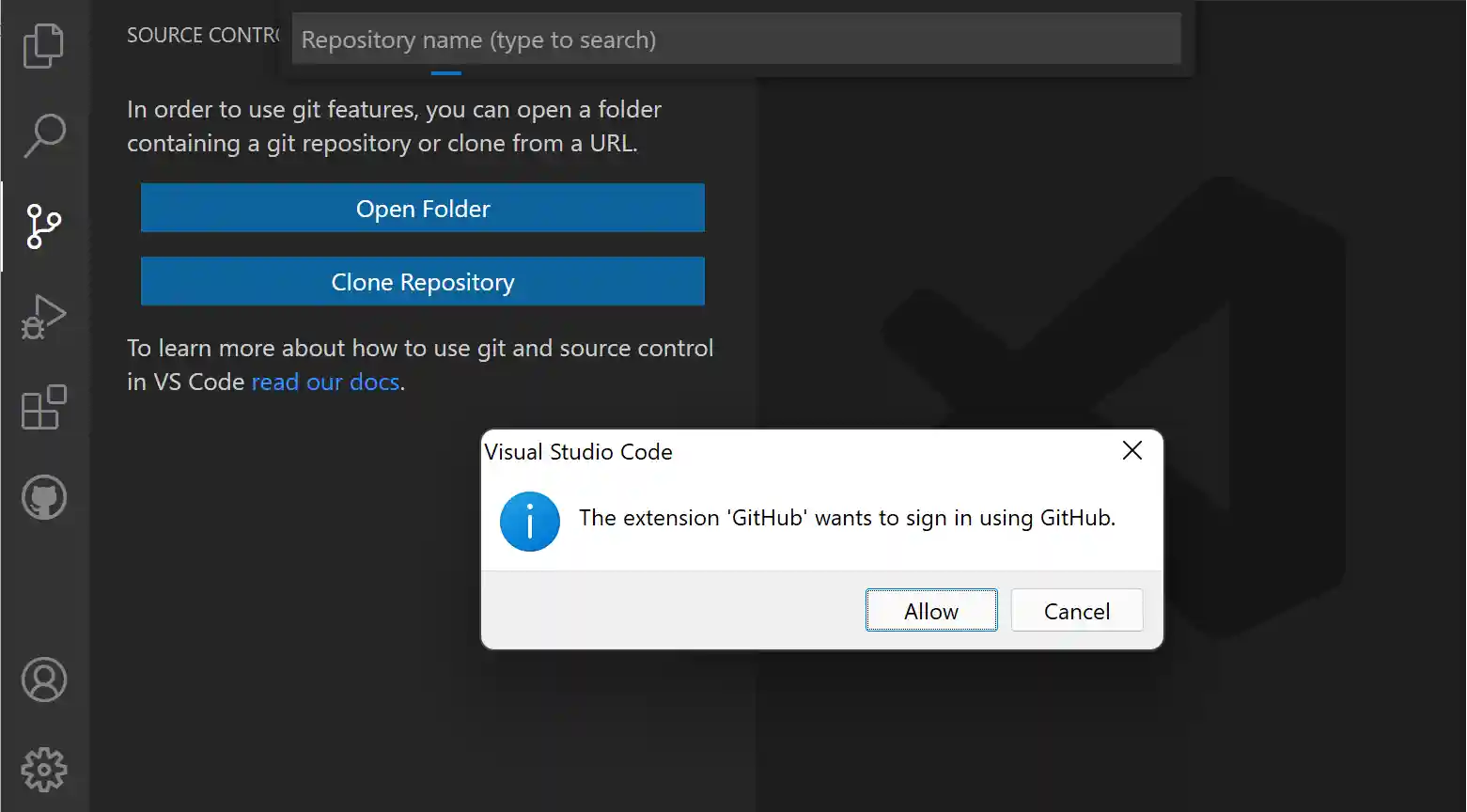 Screenshot showing the GitHub authentication dialog.