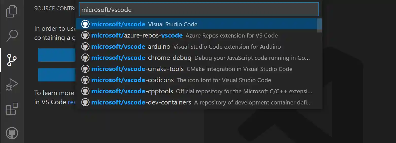 Screenshot showing the GitHub repository Quick Pick filtered on microsoft/vscode.