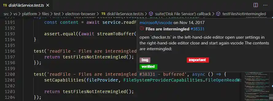 Screenshot showing a hover for a #-mentioned issue number in a code comment.