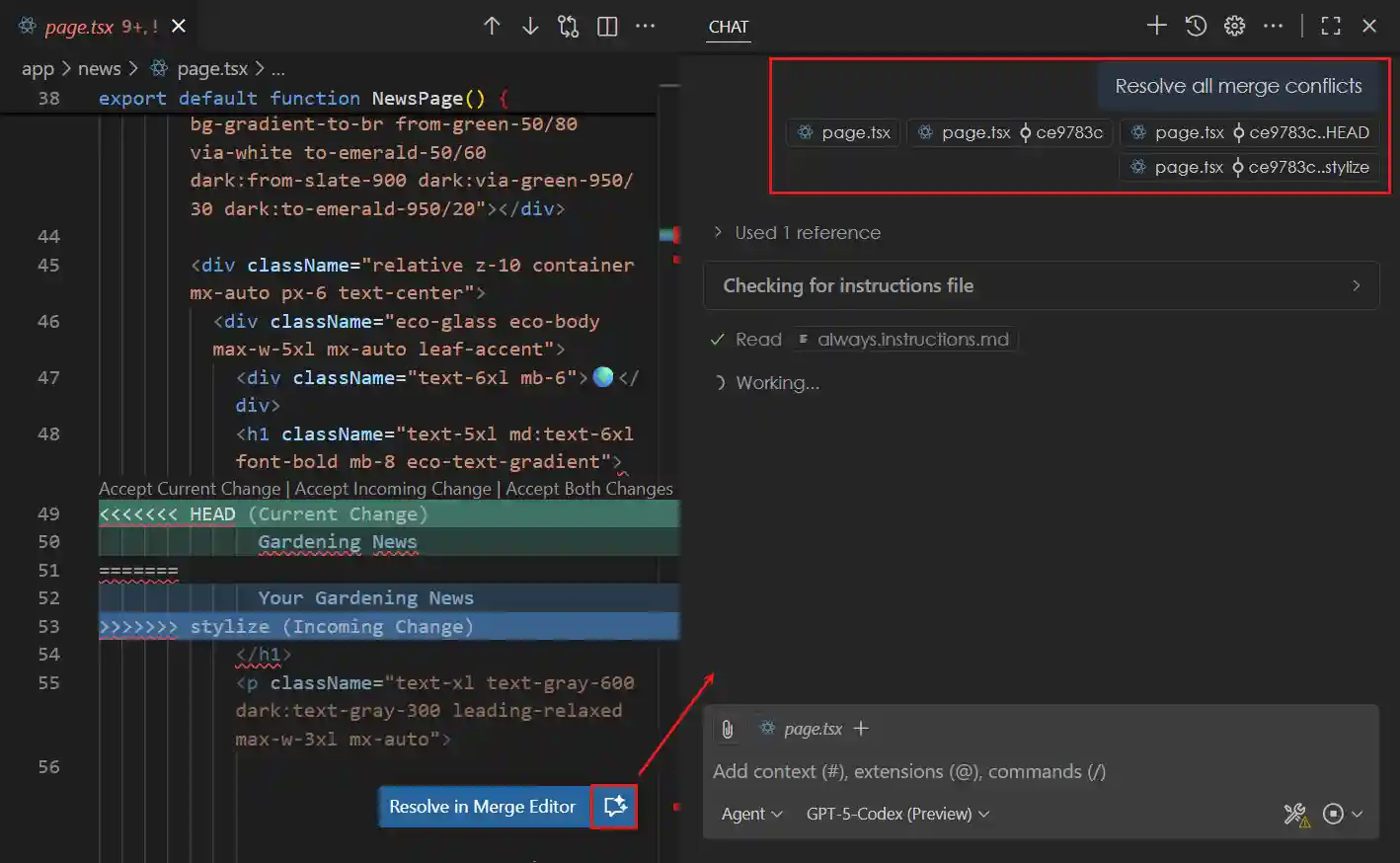 Screenshot of the AI merge conflict resolution button in the editor.
