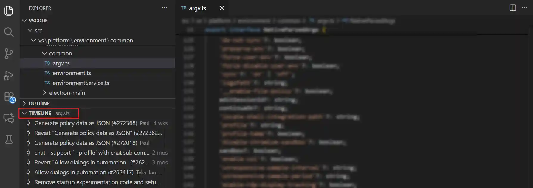 Screenshot of the timeline view showing file commit history.