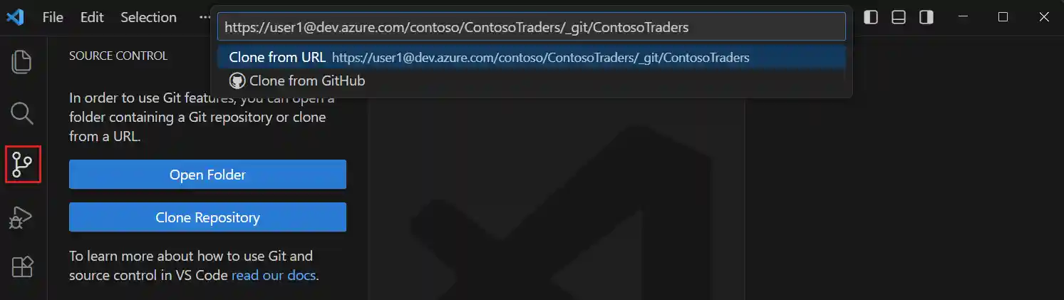 Screenshot of the Source Control view with the Clone Repository button highlighted.