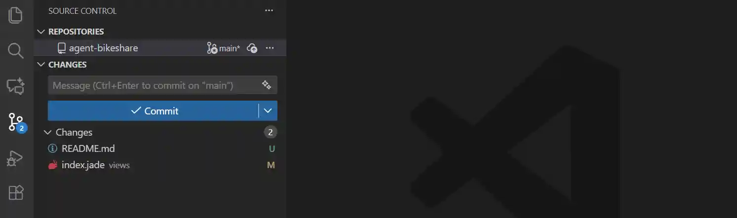 Screenshot of the Source Control view showing a modified and new file under Changes.