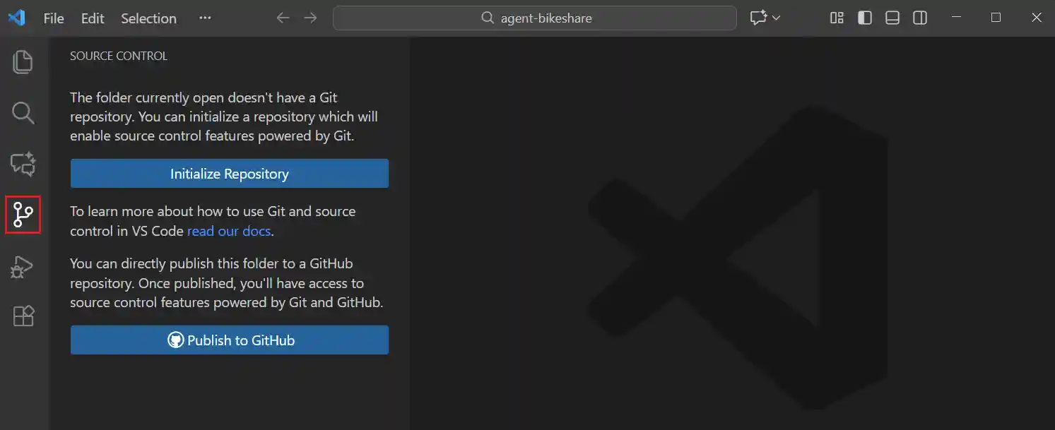 Screenshot of the Source Control view with the Initialize Repository button highlighted.
