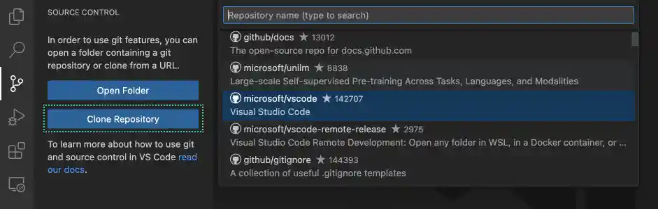 Screenshot of the Clone Repository prompt in VS Code.