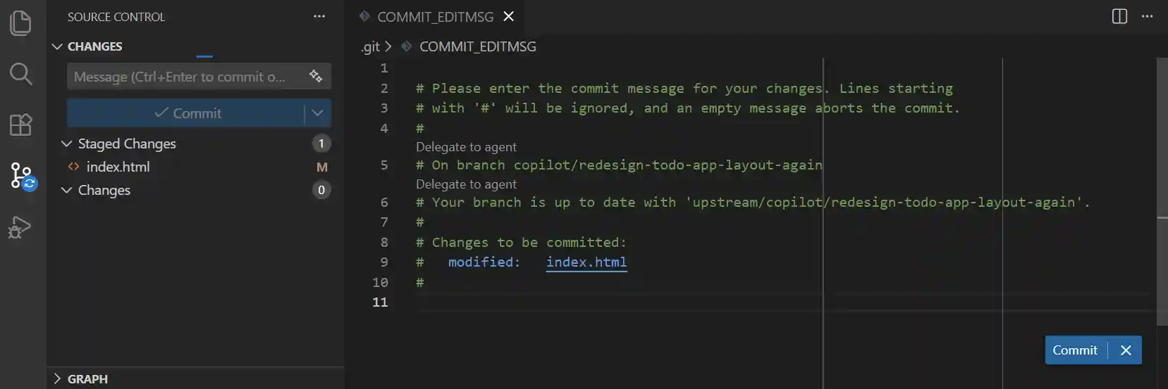 Screenshot of the COMMIT_EDITMSG editor for writing commit messages.