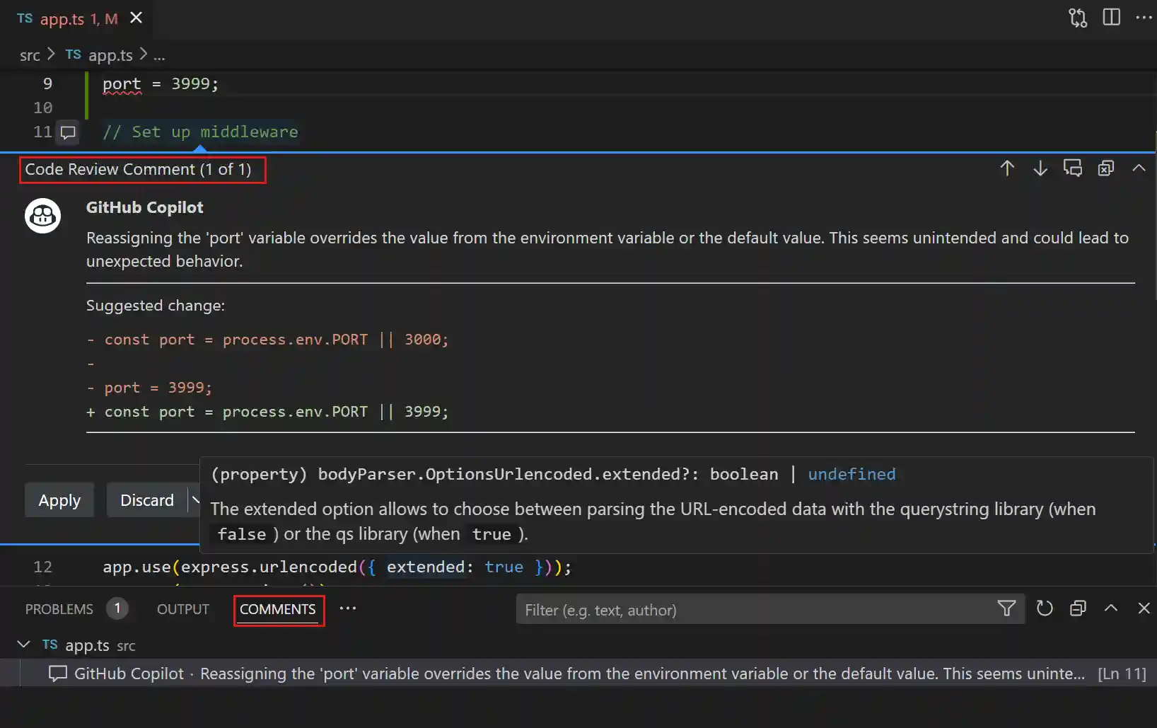 Screenshot of the code review results, showing as editor overlay comments.