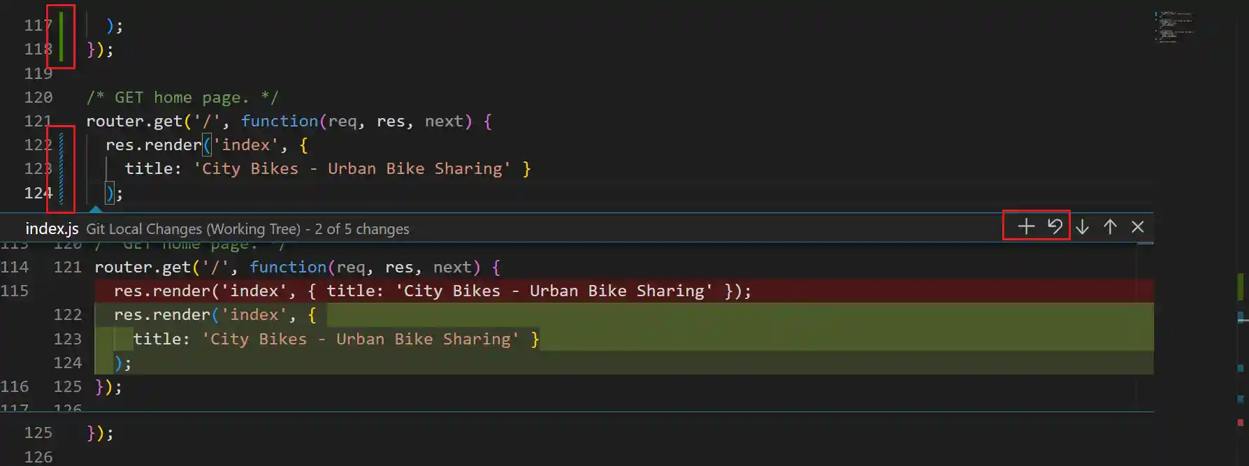 Screenshot of editor gutter indicators showing line changes and a hover showing Git blame information.