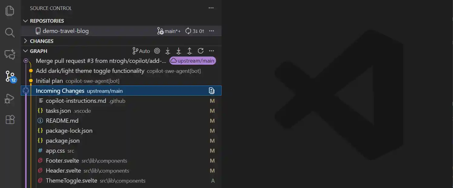 Screenshot of the Source Control Graph showing commit history and incoming/outgoing commits.