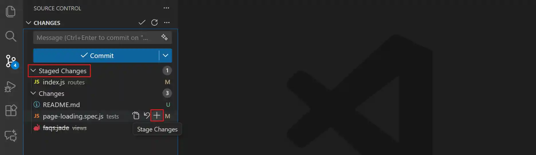 Screenshot of staging changes in the Source Control view.
