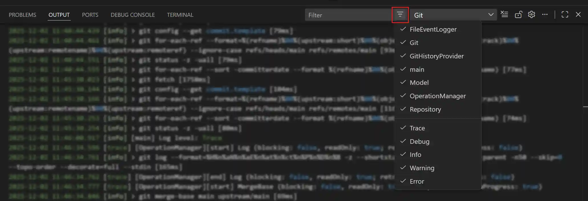 Screenshot of the Output panel filter dropdown.