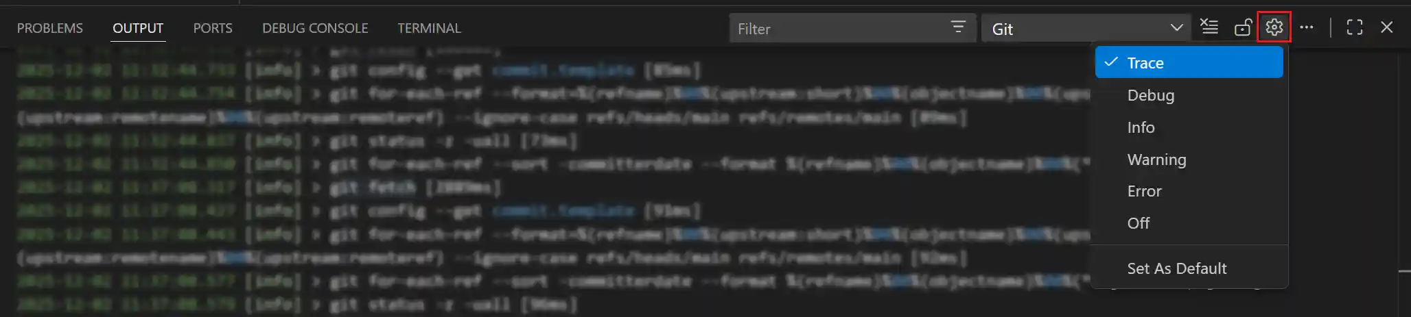 Screenshot of the Output panel log level selection.