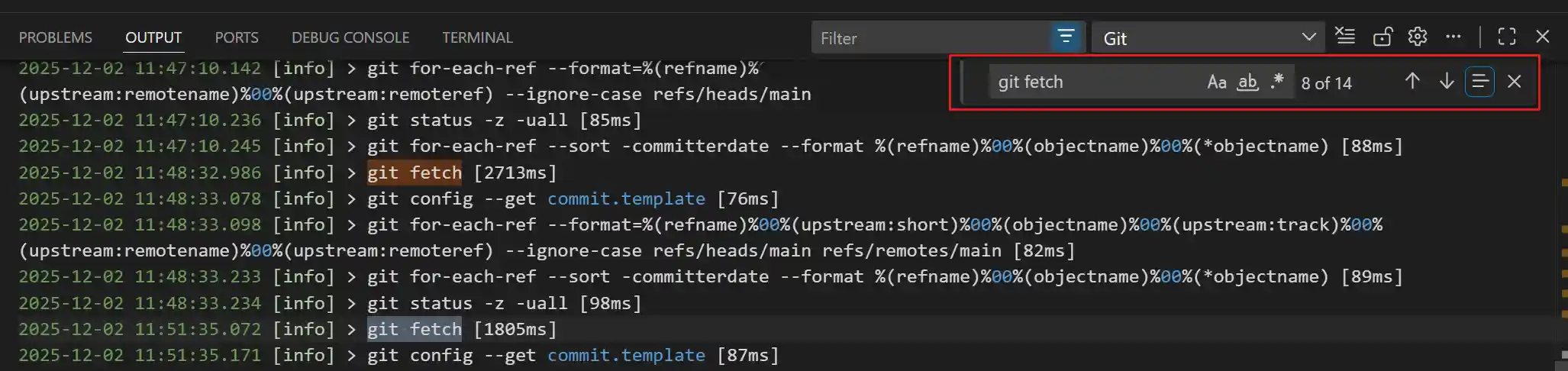 Screenshot of the Output panel search box.