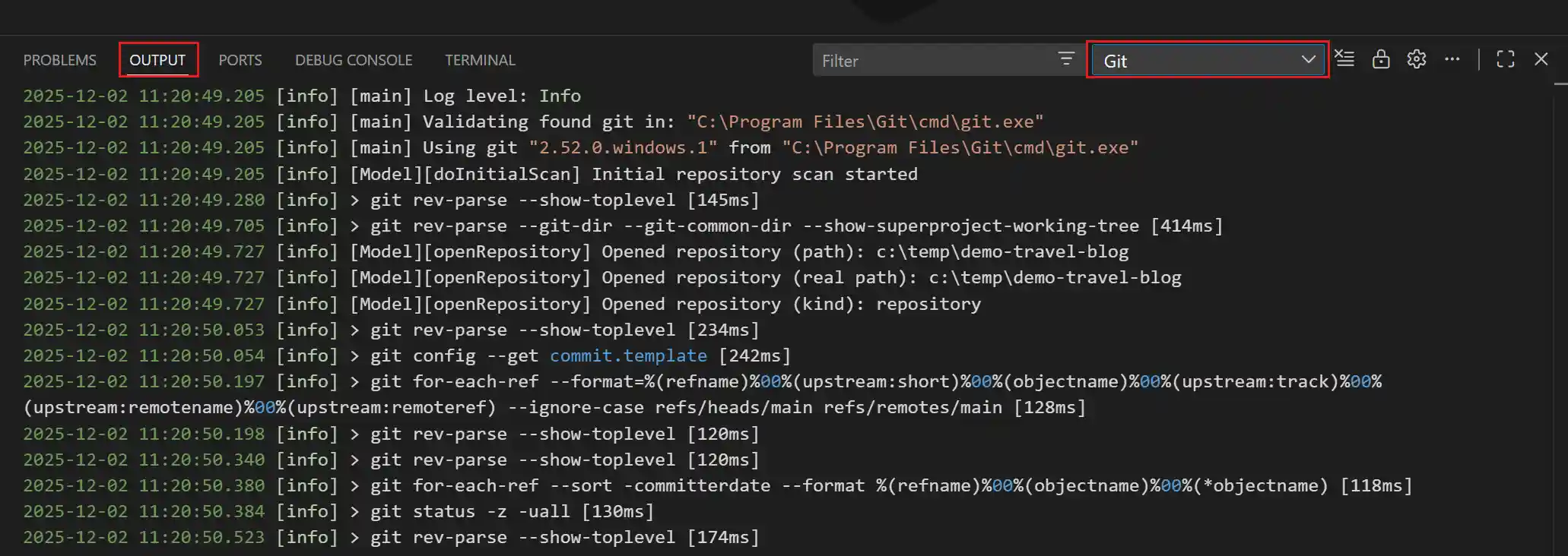 Screenshot of the Output panel showing the Git output channel.