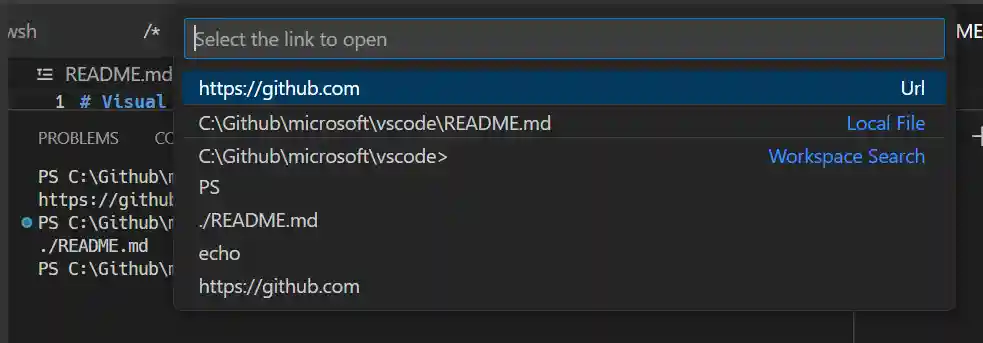 Open Detected Link opens a quick pick with all links in the viewport, split into categories