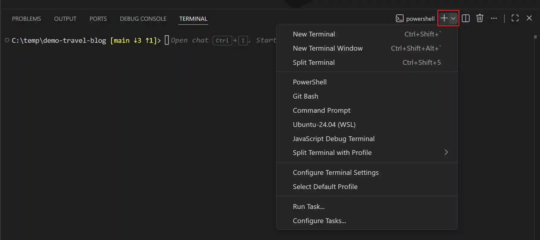 A detected profile can be chosen in the dropdown next to the new terminal button. Some examples on Windows include PowerShell, Command Prompt, Git Bash and WSL