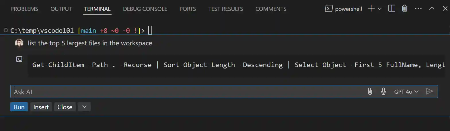 Terminal inline chat helps you quickly get and run shell commands