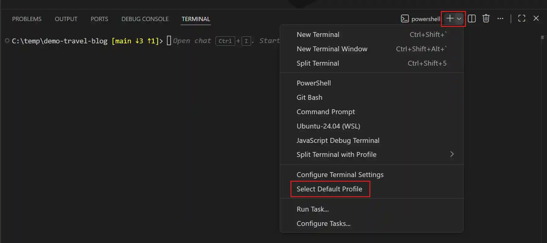 Select Default Profile is located at the bottom of the dropdown menu attached to the new terminal button