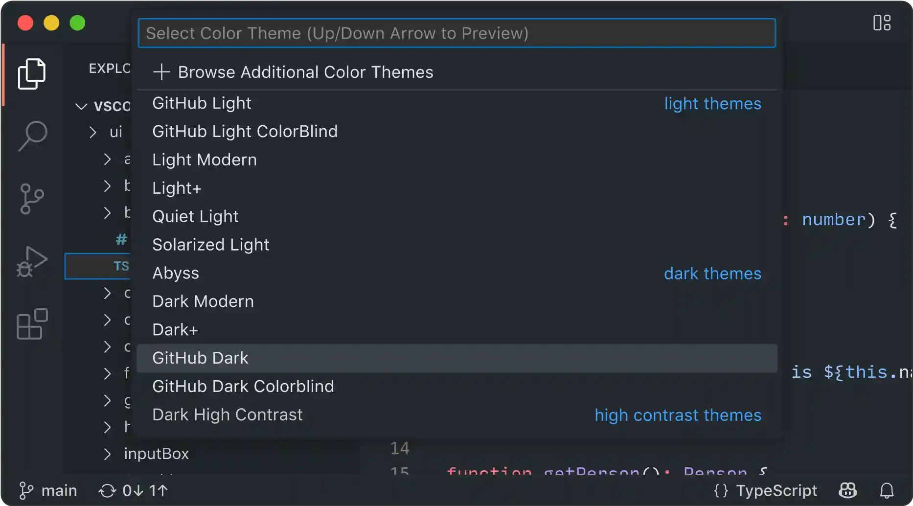 Selecting the GitHub Dark theme with a quick pick