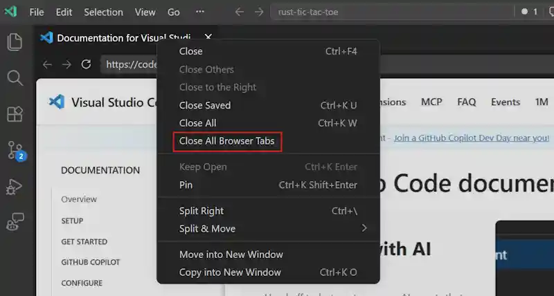 Screenshot of a context menu on an open integrated browser tab, showing an item "Close All Browser Tabs".