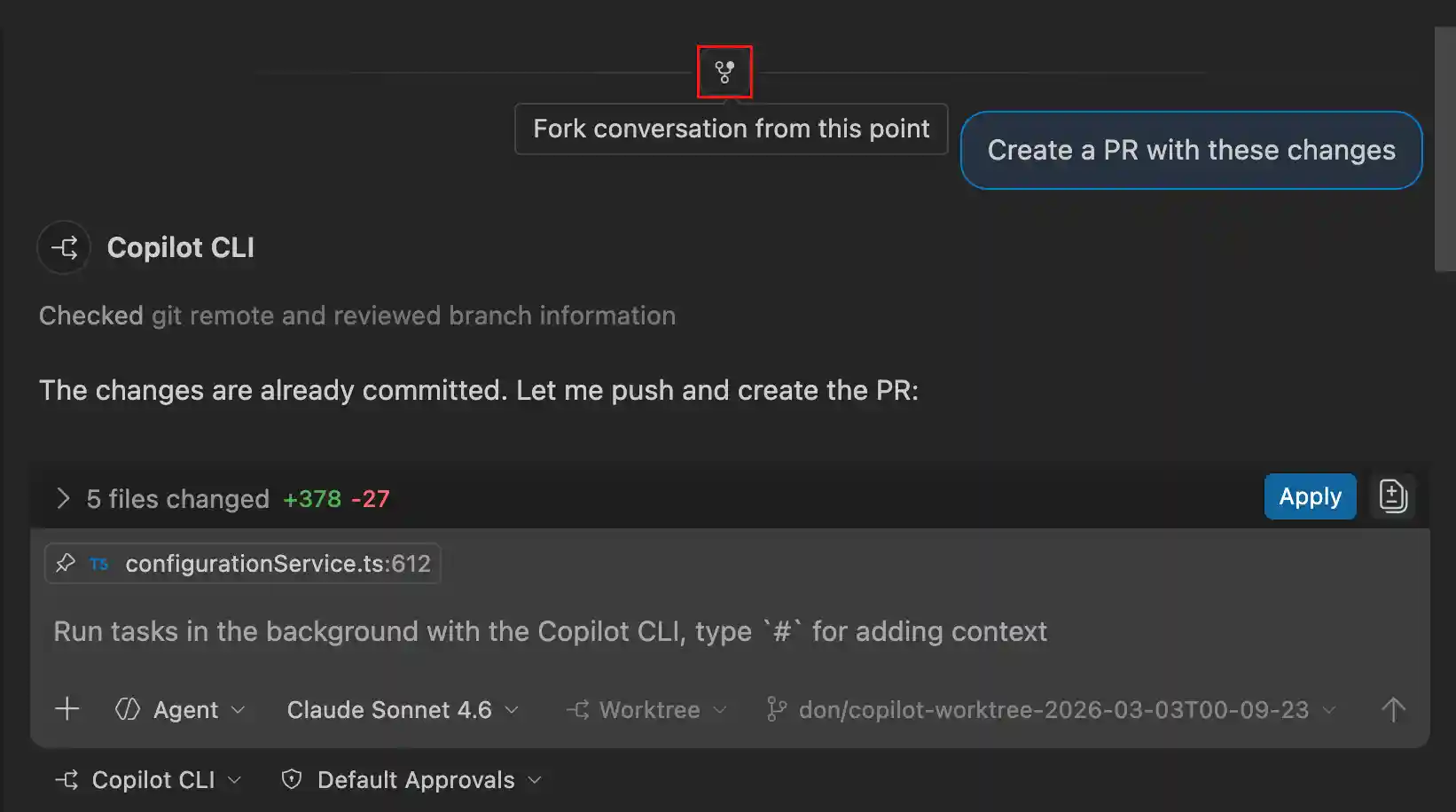 Screenshot showing forking of a Copilot CLI session.