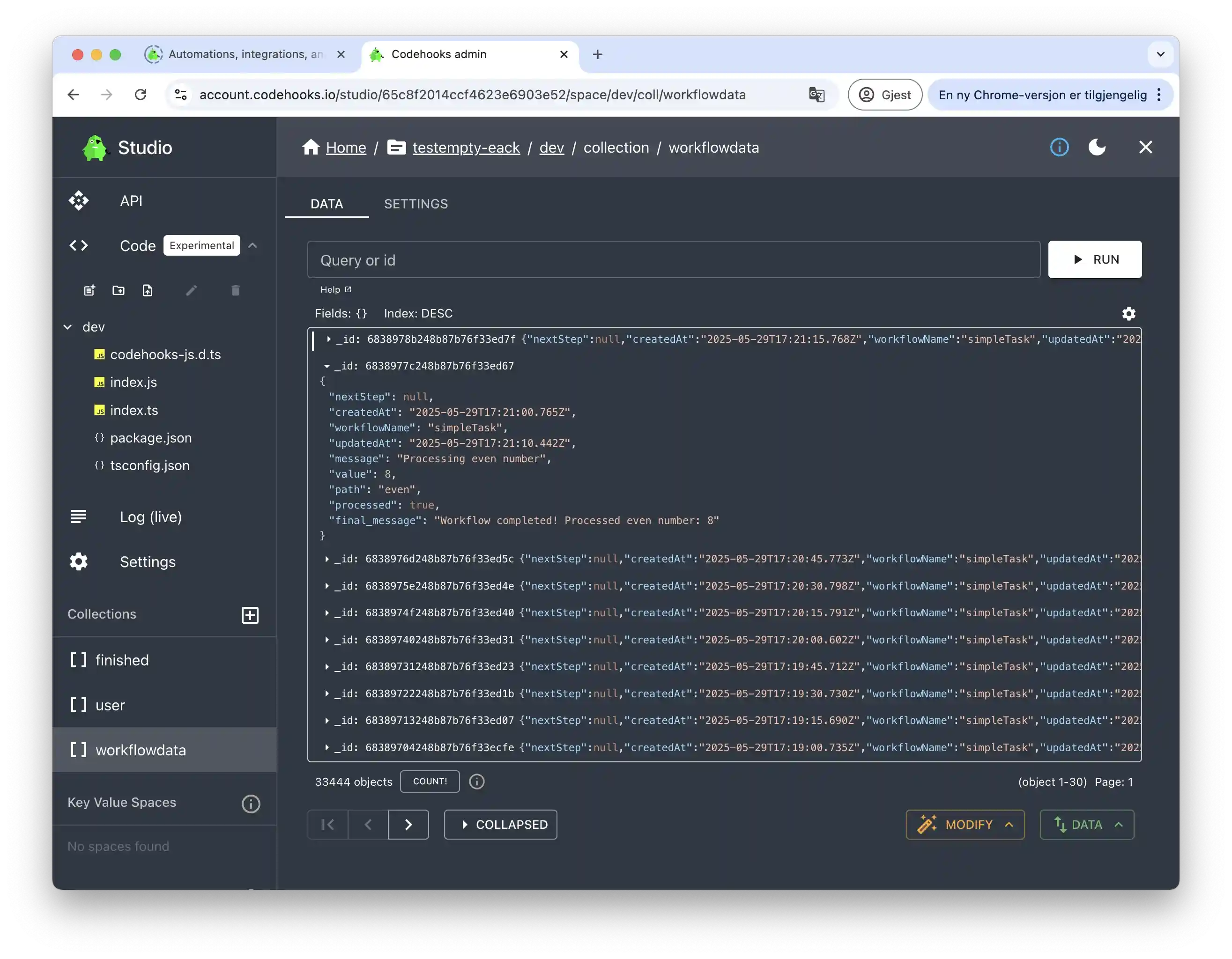 Workflow data in Codehooks Studio