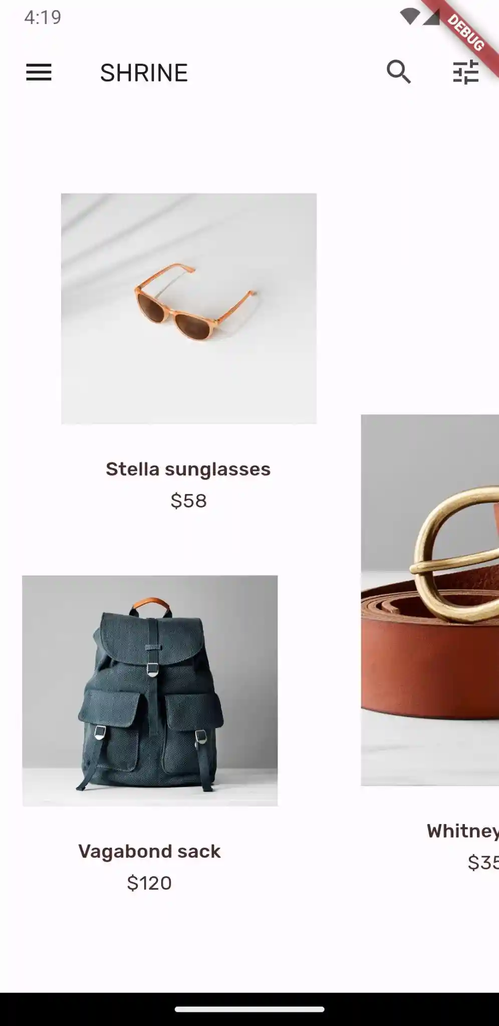 Shrine product page with asymmetric horizontally-scrollable layout