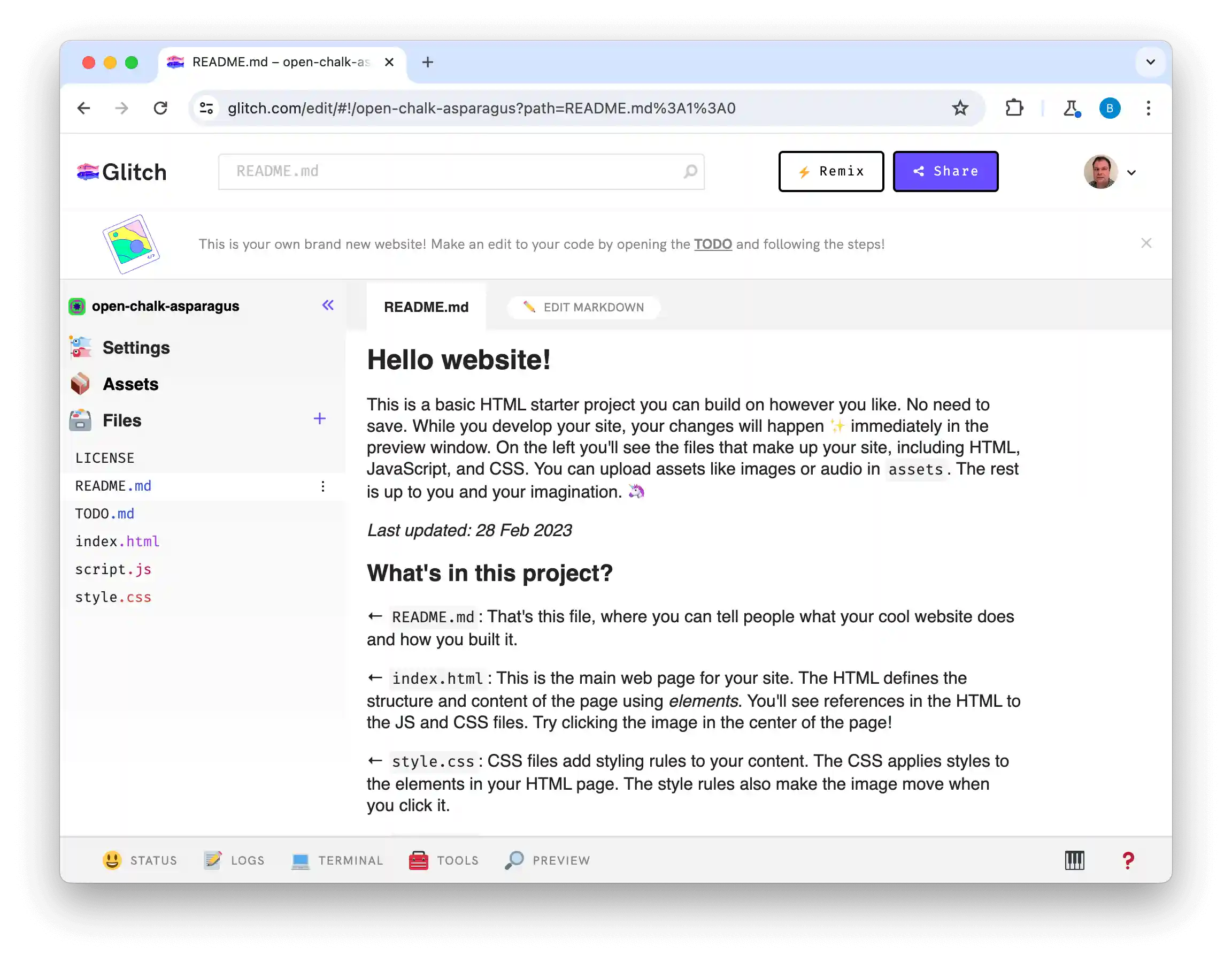 Glitch Hello World basic site