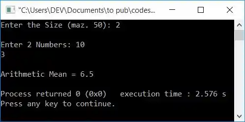 arithmetic mean using function c++