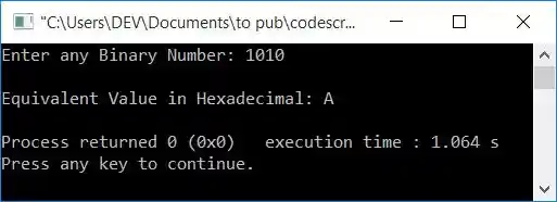 binary to hexadecimal in c++